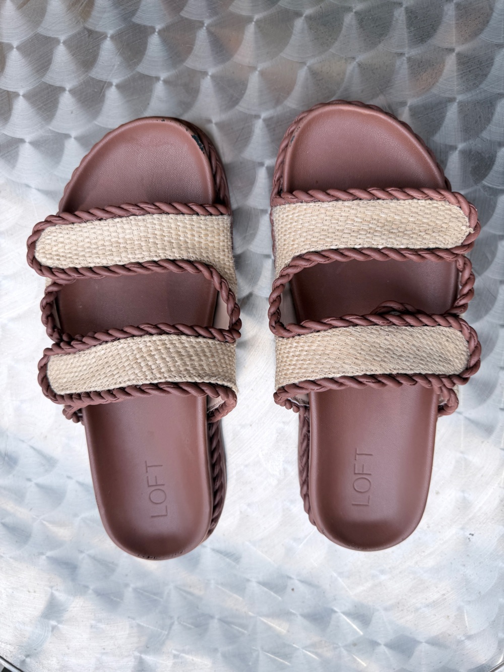 LOFT Braided Dual-Strap Slide Sandals in Brown and Cream